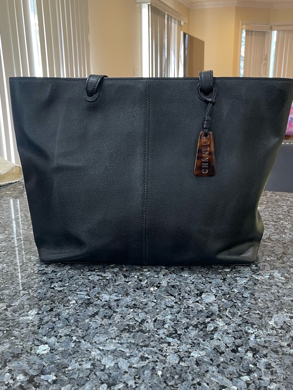 CHANEL Black Leather Tote with Tortoiseshell Tag